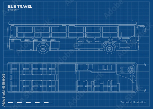 Commercial bus drawing. Outline passenger transport blueprint. Autobus linear seat map. Industrial scheme. Side and top view. Tourist vehicle interior