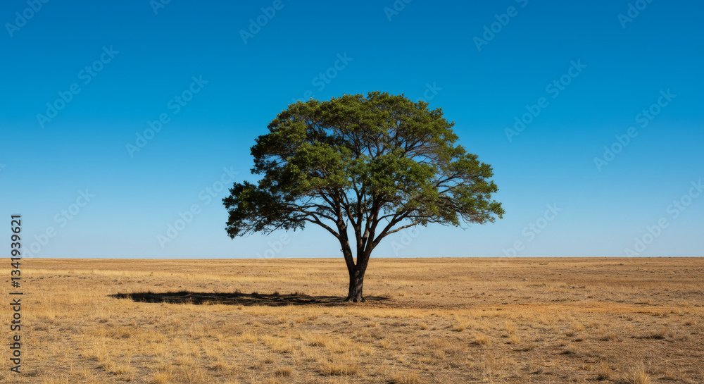 Obraz premium A lone tree standing in the middle of a vast, open field under a bright blue sky.