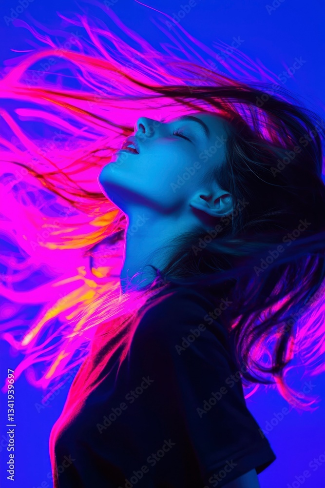 Woman tosses hair in vibrant neon light, showing energy and emotion for print Woman tosses hair in vibrant neon light, showing energy and emotion for print