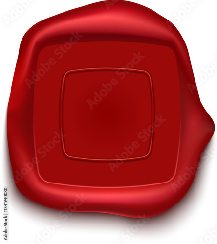 Red wax seal with empty square space for text or logo, isolated on white background, creating a sense of authenticity, tradition, and security, ideal for legal, notary, or vintage design projects