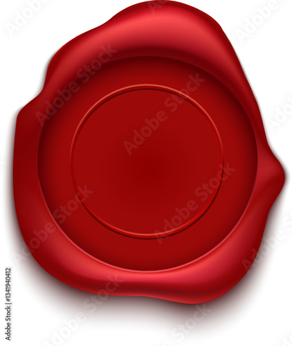 Red wax seal featuring an empty space for a symbol or text, representing authenticity and legality while emphasizing the finalization of contracts and agreements
