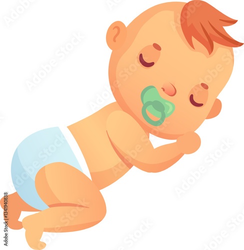 Cute baby sleeping peacefully on its stomach, wearing a cozy diaper and a soothing pacifier, embracing a deep and restful slumber filled with innocence and tranquility