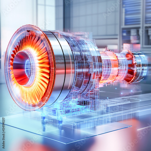 Advanced 3D Turbine Engine Concept With Digital Twin Visualization – Integrated Component Projections, Sustainable Technology, and Innovative Clean Energy Engineering for High-Tech Performance.