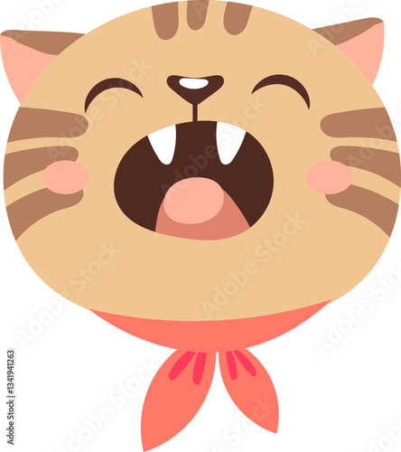 Cartoon illustration featuring a cute brown cat wearing a vibrant red scarf, meowing joyfully with its mouth wide open, displaying its teeth and tongue in an adorable manner