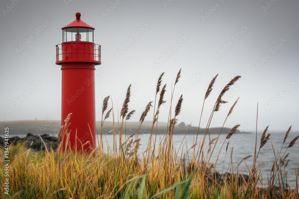 Red Lighthouse on Coastline, Misty Day Red Lighthouse on Coastline, Misty Day
