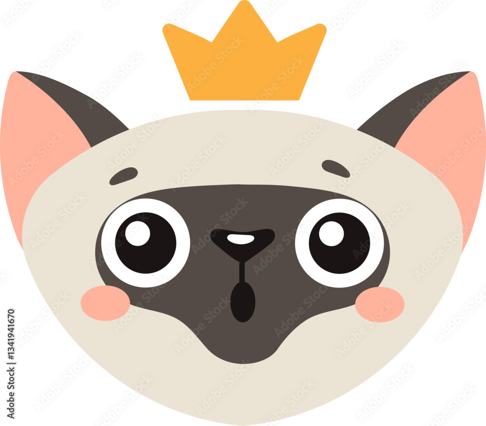 Fototapeta premium Siamese cat wearing a golden crown, displaying a surprised expression with big eyes and an open mouth, perfect for children s book illustrations or sweet designs