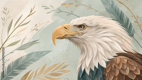 Illustration of a bald eagle with botanical elements