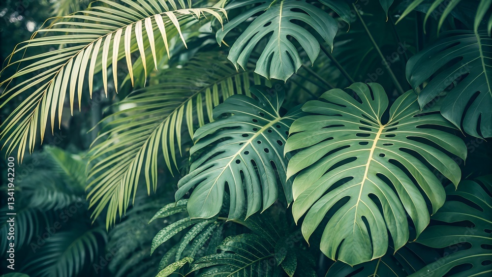 Fototapeta premium Close-up of vibrant green monstera and palm leaves