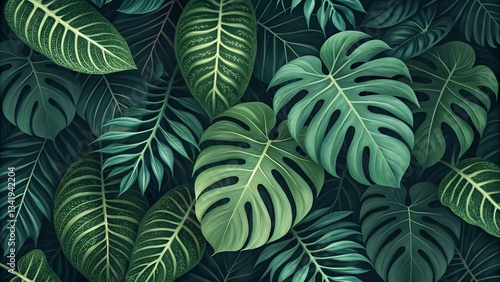 Digital painting of tropical leaves with dark background