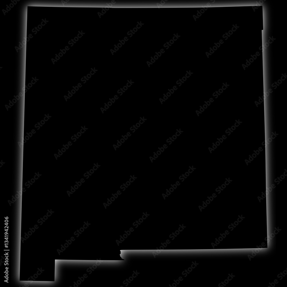 Obraz premium Black silhouette of New Mexico state map with glow effect on dark background