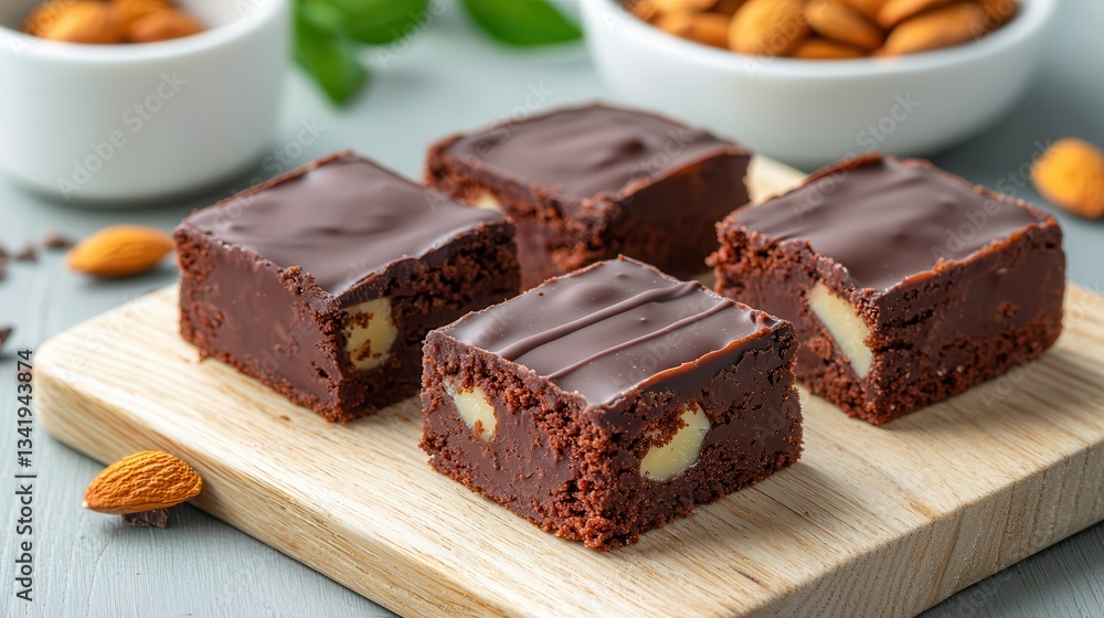 brownie vegan. Rich chocolate squares with almonds on a wooden board. brownie vegan. Rich chocolate squares with almonds on a wooden board.