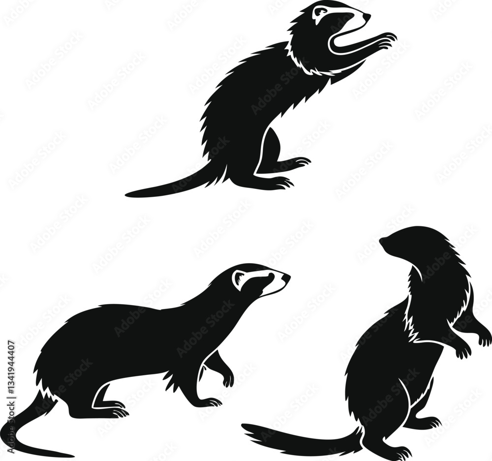 Obraz premium Dynamic ferret Silhouettes: Black and White Canine Poses in Action