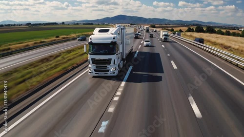 Multiple trucks moving along a busy highway with rolling hills in the background. Concept of supply chain and commerce