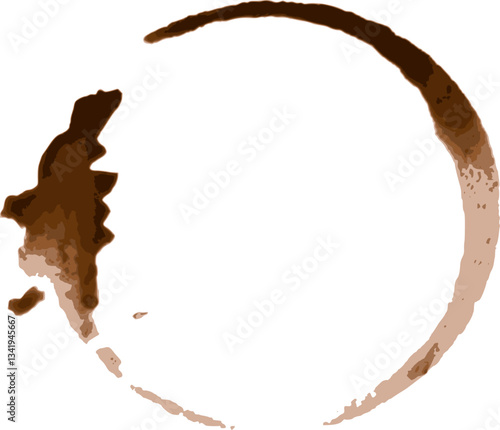 Coffee cup stain ring forming a circle on white background, perfect for representing the concept of coffee break, breakfast, or morning routine