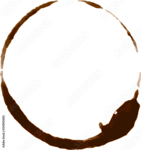 Brown coffee cup stain ring forming a perfect circle on white background, ideal for representing concepts related to coffee breaks, breakfast, addiction, or simply enjoying a hot beverage