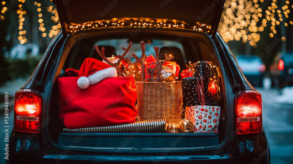 new year and christmas tree with car in the evening, christmas tree and gifts