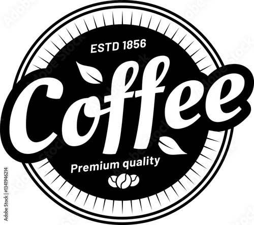 Round black and white logo representing a coffee brand, featuring stylized coffee beans and leaves, along with the text highlighting premium quality established in 1856