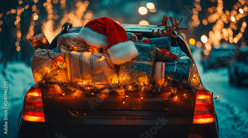 Obraz na płótnie new year and christmas tree with car in the evening, christmas tree and gifts w salonie