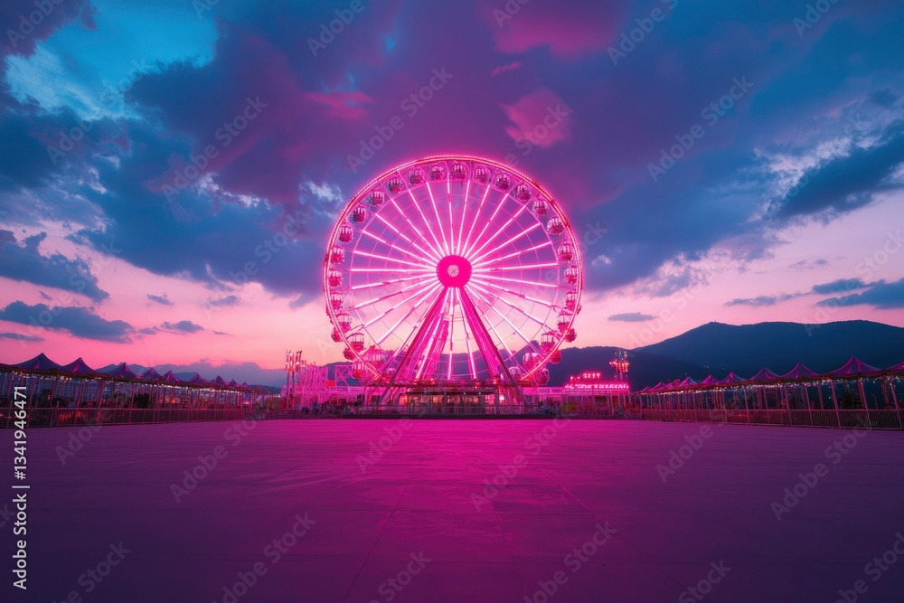 Illuminated ferris wheel glows brightly against a colorful evening sky backdrop Illuminated ferris wheel glows brightly against a colorful evening sky backdrop