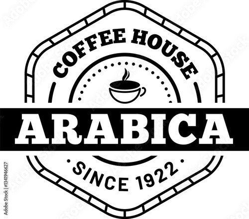 Vintage logo promoting an arabica coffee house features a steaming cup of coffee nestled within a hexagonal frame, celebrating quality and tradition since 1922