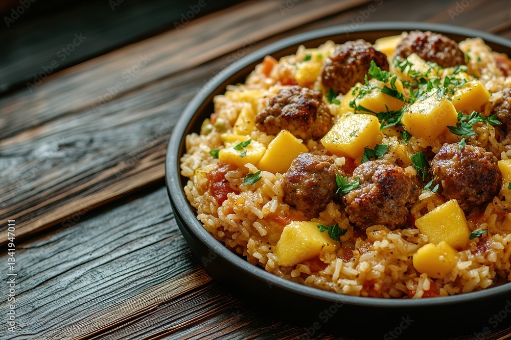 Savory rice dish with meat balls and diced mango topped with chopped parsley Savory rice dish with meat balls and diced mango topped with chopped parsley
