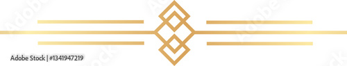 Golden art deco ornament is dividing three horizontal lines with rhombus shape in the center, creating a decorative frame on a white background