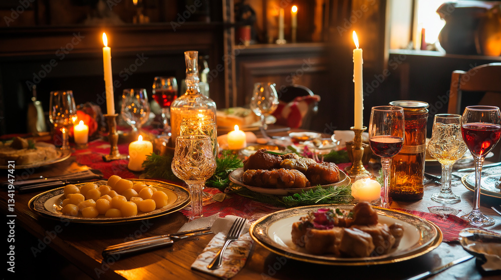 christmas dinner table with candles