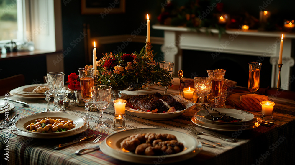christmas dinner table with candles