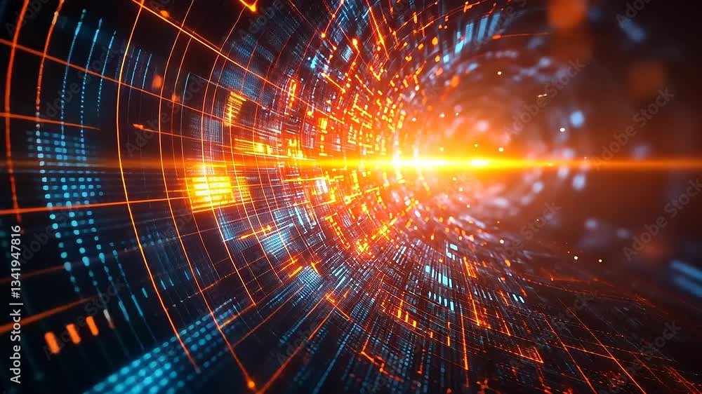 Abstract digital vortex with glowing particles and lines, creating a sense of depth and motion Abstract digital vortex with glowing particles and lines, creating a sense of depth and motion