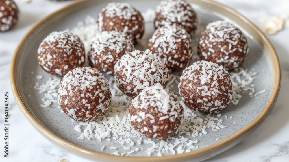 Delicious homemade energy balls with dates and coconut flakes on a rustic plate Delicious homemade energy balls with dates and coconut flakes on a rustic plate