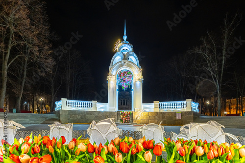 Kharkiv, Ukraine - March 08, 2025: Decorated fountain 