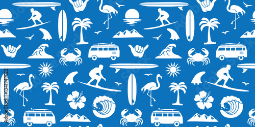 A seamless tropical surf pattern with beach illustrations, waves, palm trees, surfers, and vans in a bold white-on-blue style. Perfect for textiles, wallpapers, branding, and summer-themed designs.