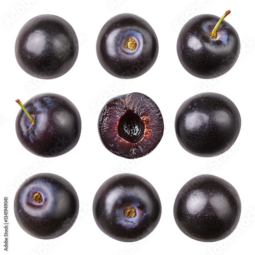 Fresh juicy black plums studio shot nine whole and one half plum isolated transparent background