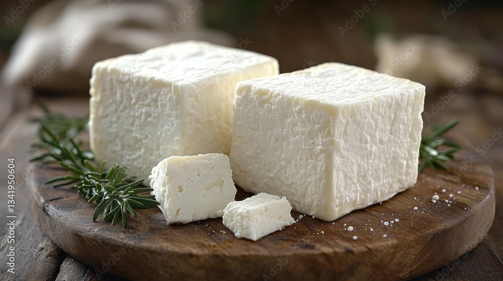 Rustic Wooden Board with Fresh Cheese Cubes Rustic Wooden Board with Fresh Cheese Cubes