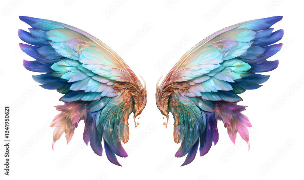 Obraz premium Fantasy colofrul fairy wings isolated on transparent background. Beautiful gentle angel wings for picture design