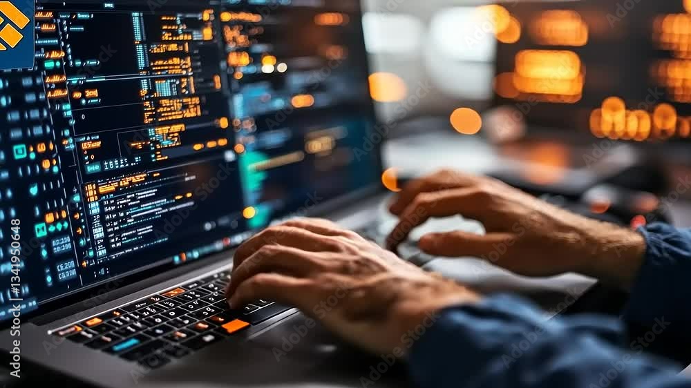 Close-up of a person typing on a laptop with code displayed on the screen in a tech workspace Close-up of a person typing on a laptop with code displayed on the screen in a tech workspace
