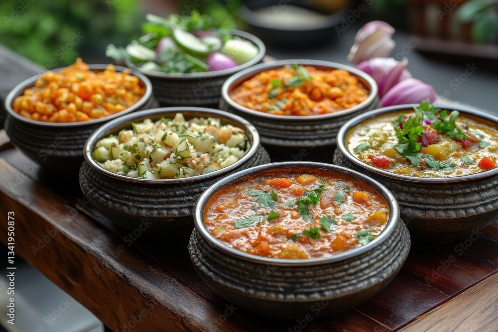 Rich Textures and Intricate Details Showcase Diverse Indian Cuisine Served in Traditional Clay Bowls at a Vibrant Market During Daytime Rich Textures and Intricate Details Showcase Diverse Indian Cuisine Served in Traditional Clay Bowls at a Vibrant Market During Daytime