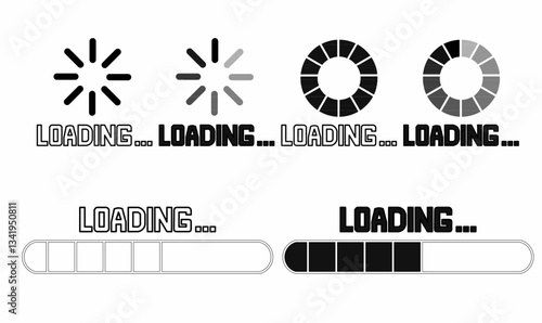 Collection of loading bar and spinner icons in black and white. Ideal for UI design, website development, apps, buffering animations, and digital interfaces.