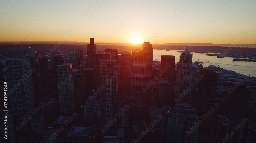 Fototapeta premium Seattle Skyline Sunset: Aerial View of Cityscape at Golden Hour