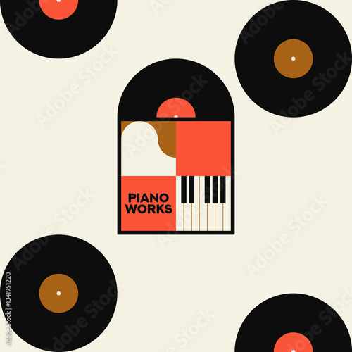 Musical poster for your design. Music design elements for card, invitation, flyer. Music cover. Music background vector illustration. Vinyl record. Piano. Piano keyboard.