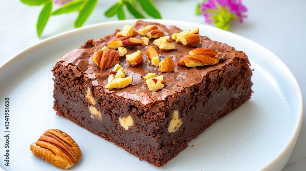 brownie vegan. Delicious chocolate brownie topped with nuts on a white plate. brownie vegan. Delicious chocolate brownie topped with nuts on a white plate.