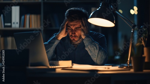 Stressed professional man massages temples while working late on a laptop