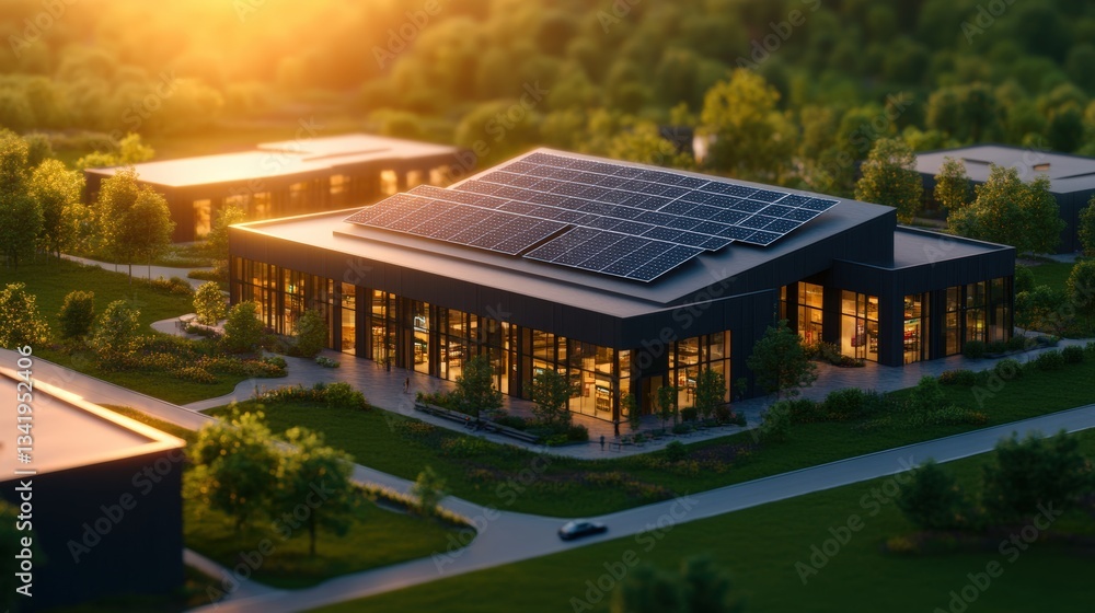 Naklejka premium Modern ecofriendly building with solar panels surrounded by lush greenery and warm sunset glow