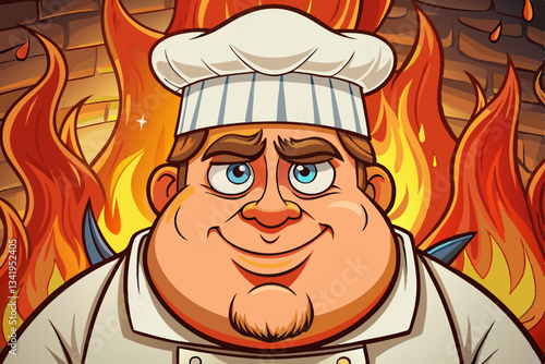 fat chef smile on fire background cartoon