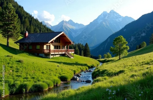 Landscape of mountain lodge in the green meadows and  hills with a sparkling stream