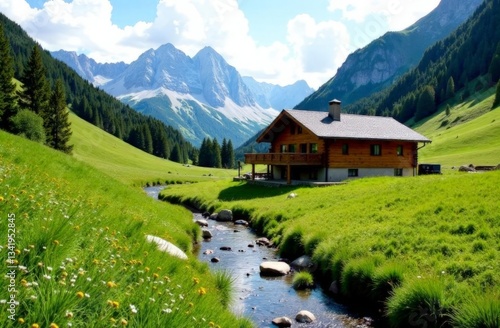Landscape of mountain lodge in the green meadows and  hills with a sparkling stream