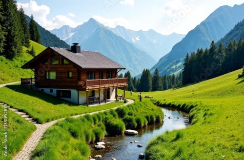 Landscape of mountain lodge in the green meadows and  hills with a sparkling stream