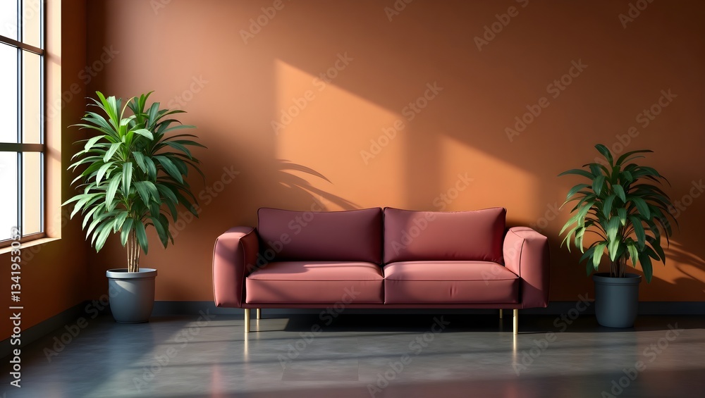 Modern living room interior design with pink sofa plants and warm color wall home decor inspiration Modern living room interior design with pink sofa plants and warm color wall home decor inspiration