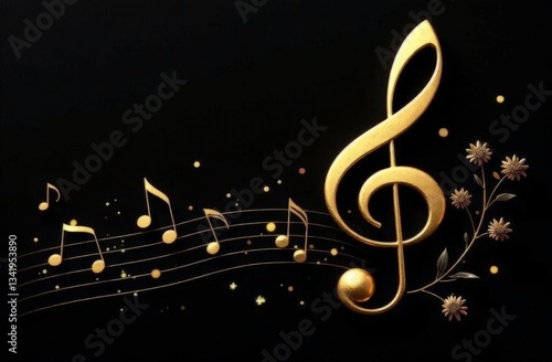 Gold treble clef, gold musical notes, flowers on black background 
