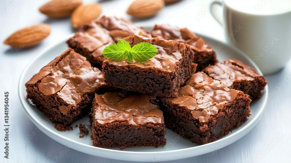 brownie vegan. Delicious brownies topped with mint and served with almonds. brownie vegan. Delicious brownies topped with mint and served with almonds.
